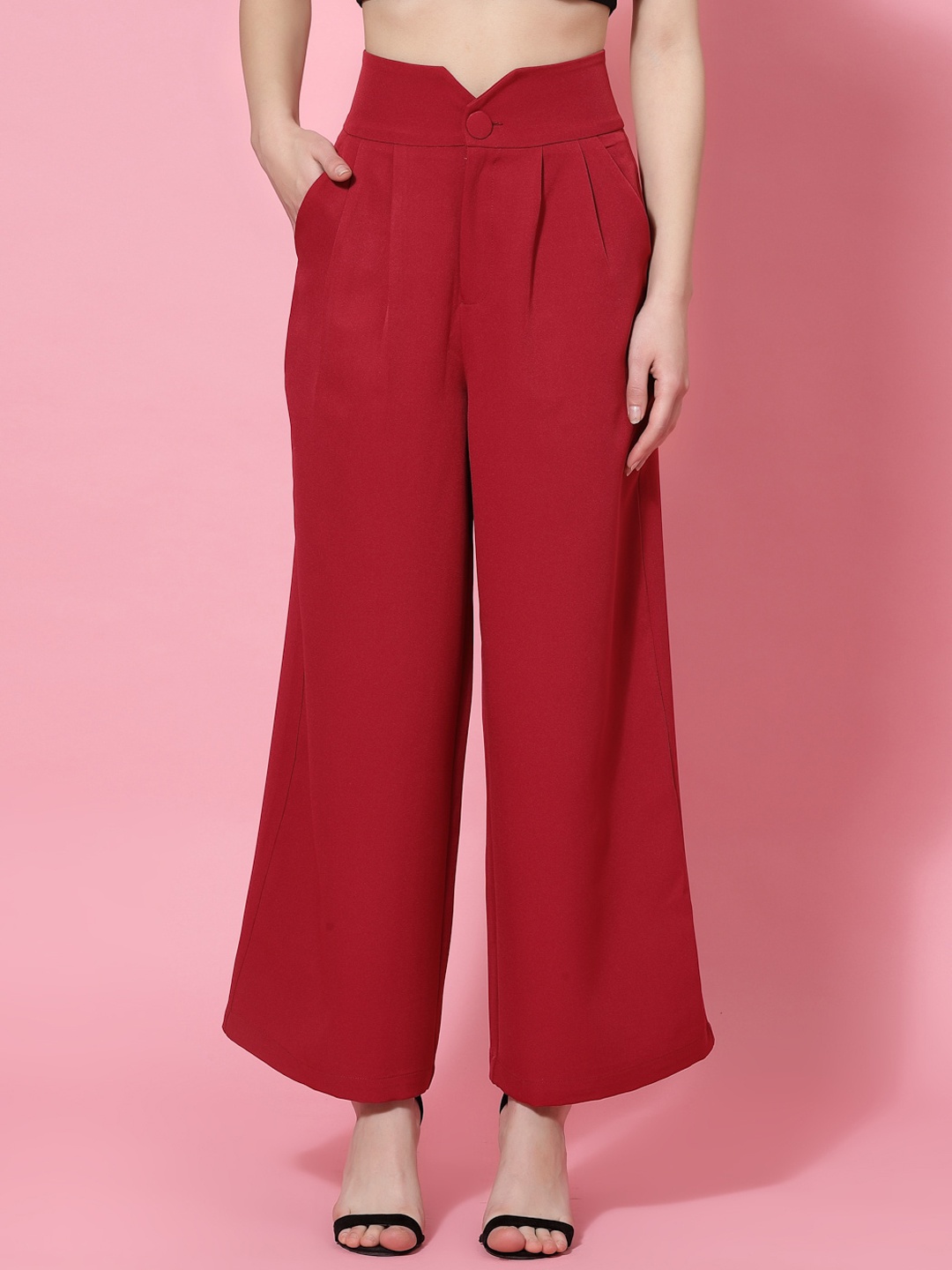 

KASSUALLY Women High-Rise Easy Wash Pleated Trousers, Red