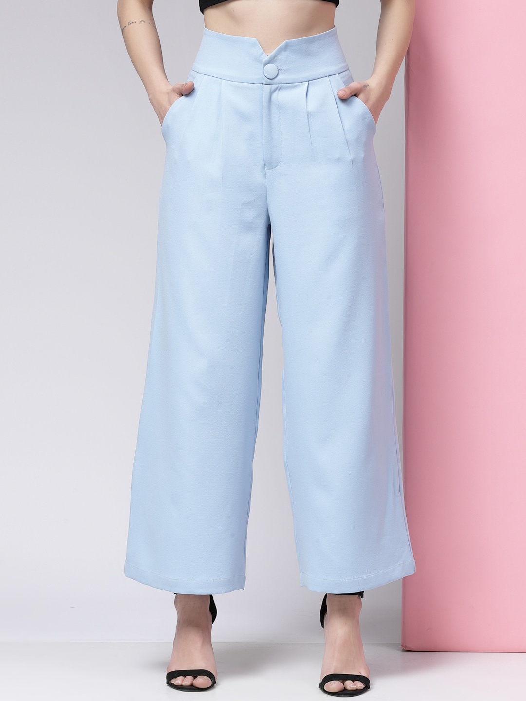 

KASSUALLY Women High-Rise Easy Wash Pleated Trousers, Blue