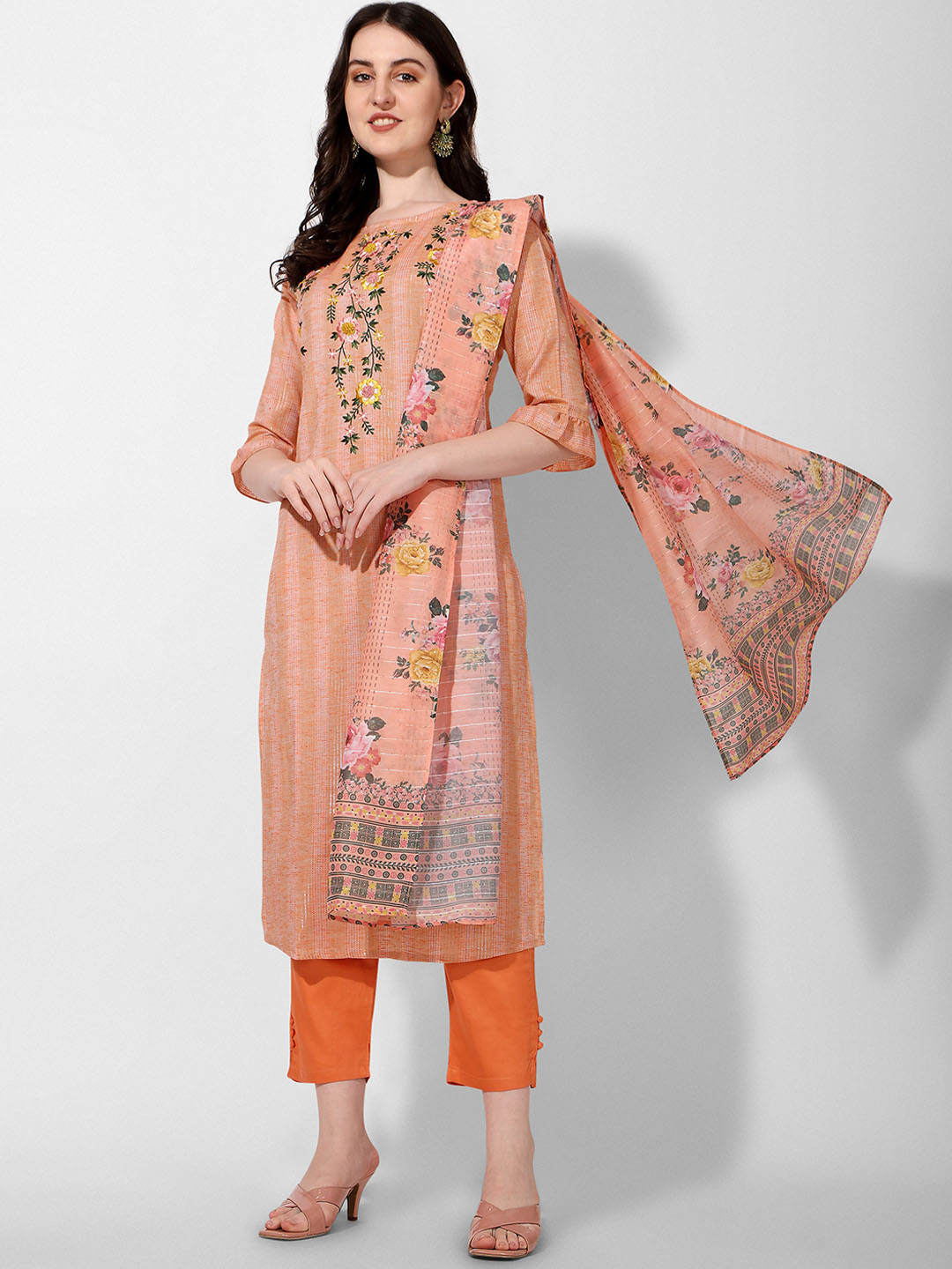 

Berrylicious Women Floral Embroidered Pure Cotton Kurta with Trousers & Dupatta, Orange