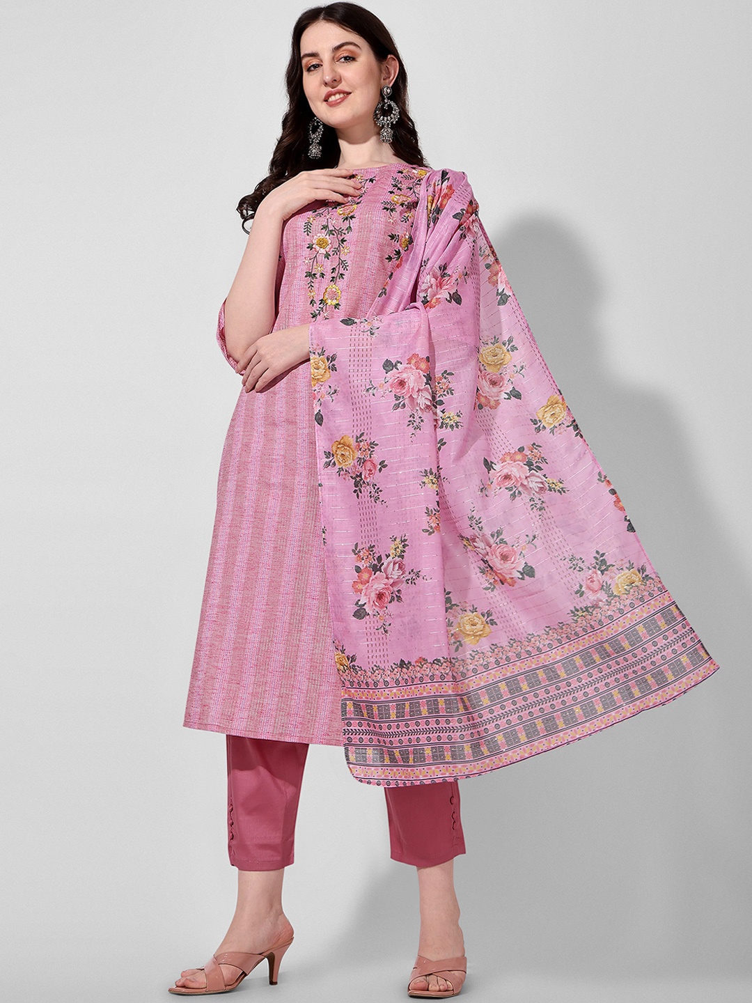 

Berrylicious Women Embroidered Pure Cotton Kurta With Trousers & Dupatta, Pink