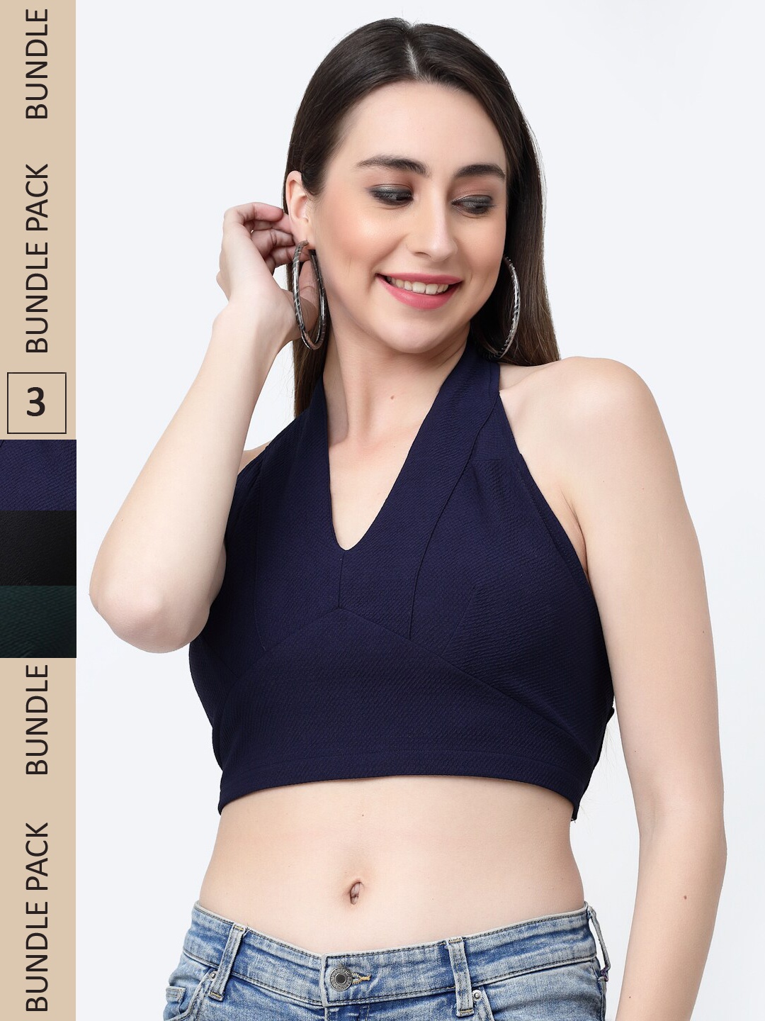 

MISS AYSE Pack of 3 Tie-Up Neck Bralette Crop Top, Navy blue