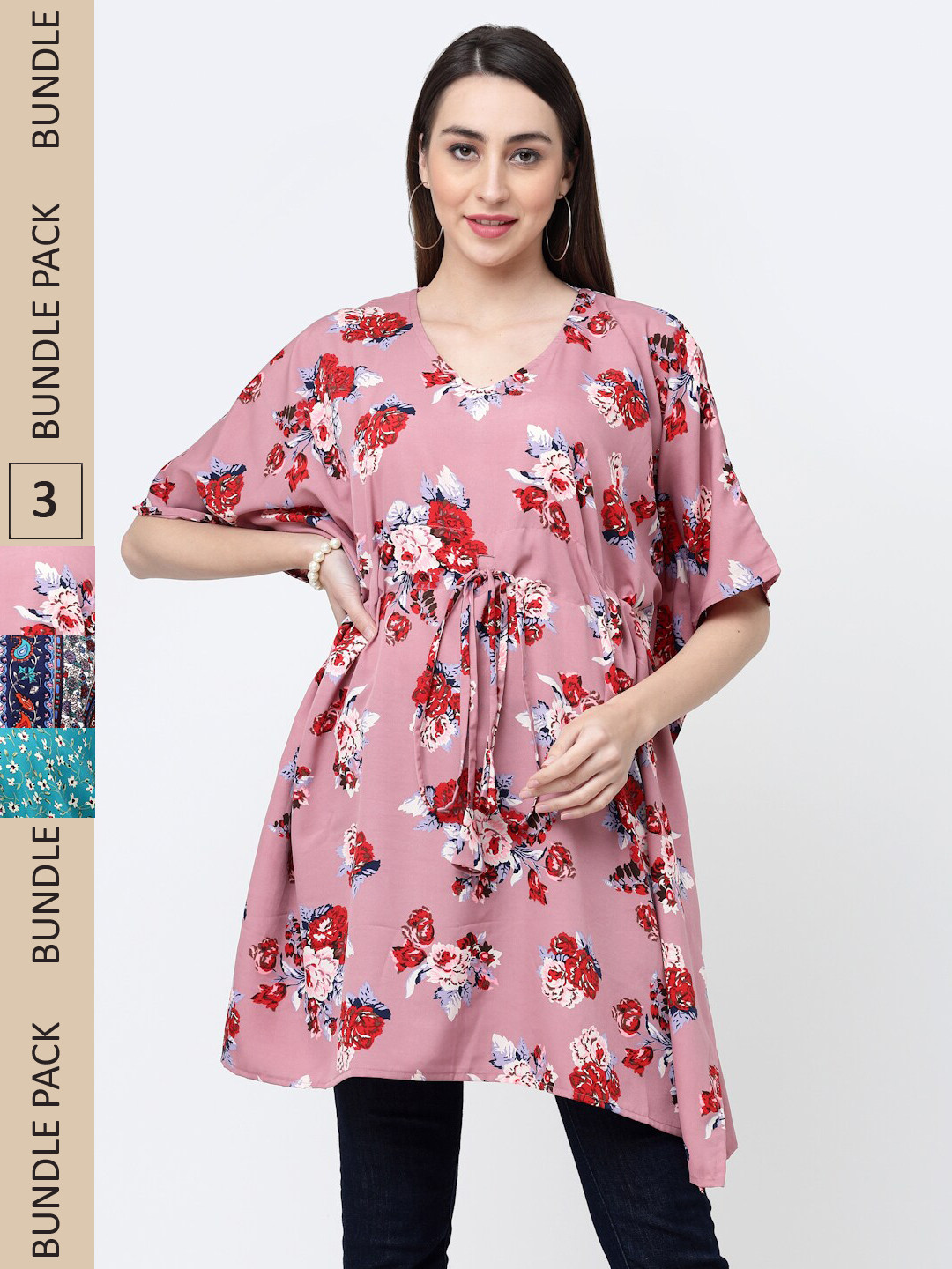 

MISS AYSE Pack of 3 Floral Printed Kimono Sleeves Kaftan Longline Top, Pink