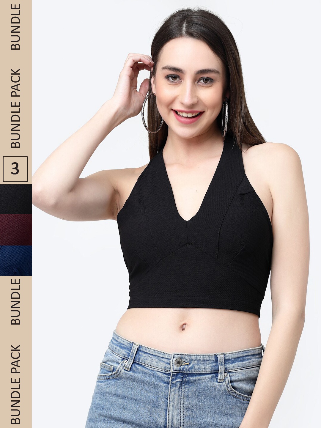 

MISS AYSE Pack of 3 Halter Neck Bralette Crop Top, Black