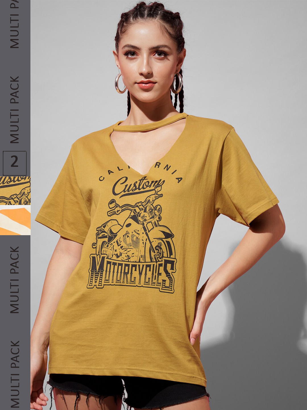 

The Dry State Women Pack of 2 Printed Cotton Oversized T-shirts, Mustard