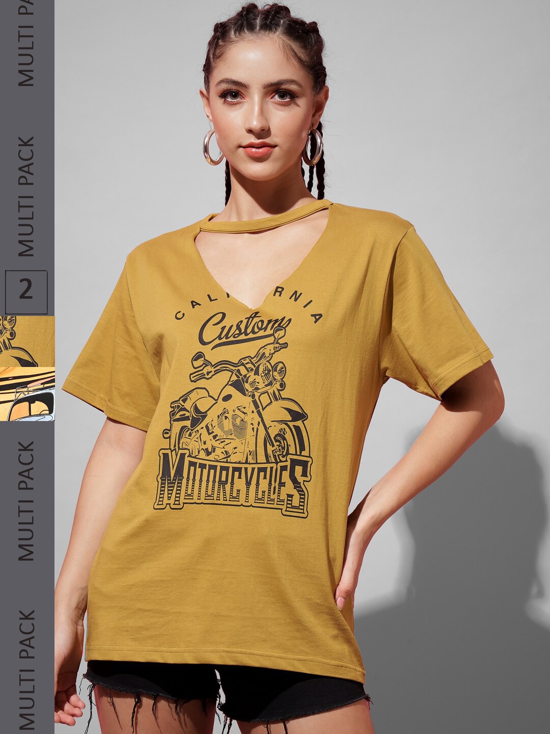 

The Dry State Women Pack of 2 Printed Round And V-Neck Loose Cotton T-shirt, Brown