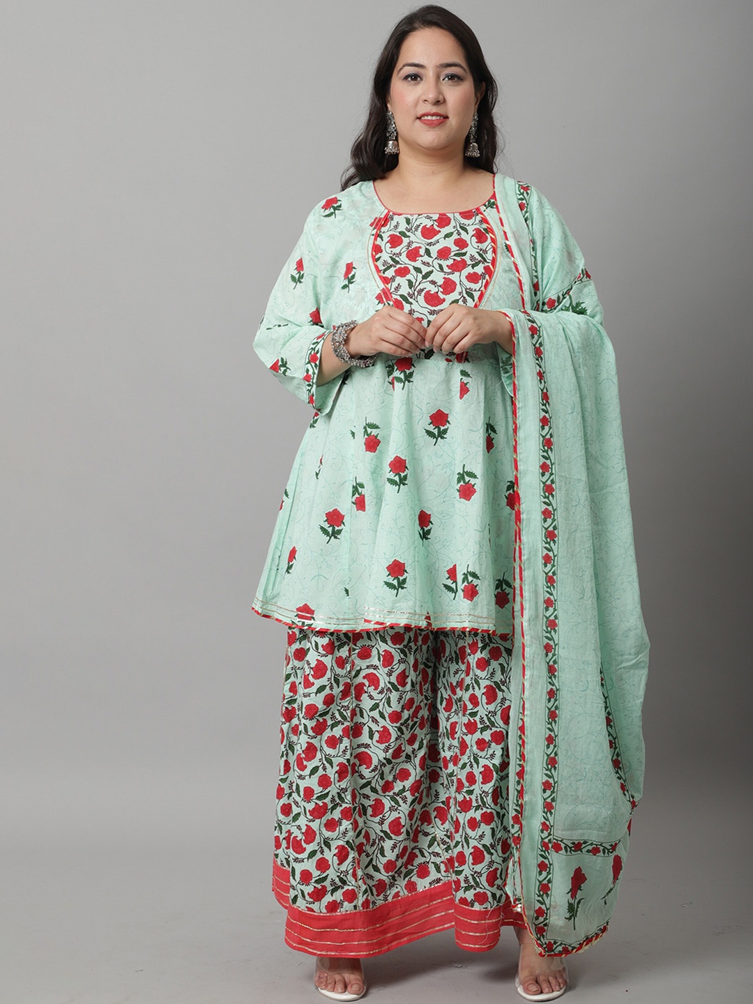 

Rajnandini Women Plus Size Floral Printed Empire Pure Cotton Kurta with Palazzos & Dupatta, Sea green