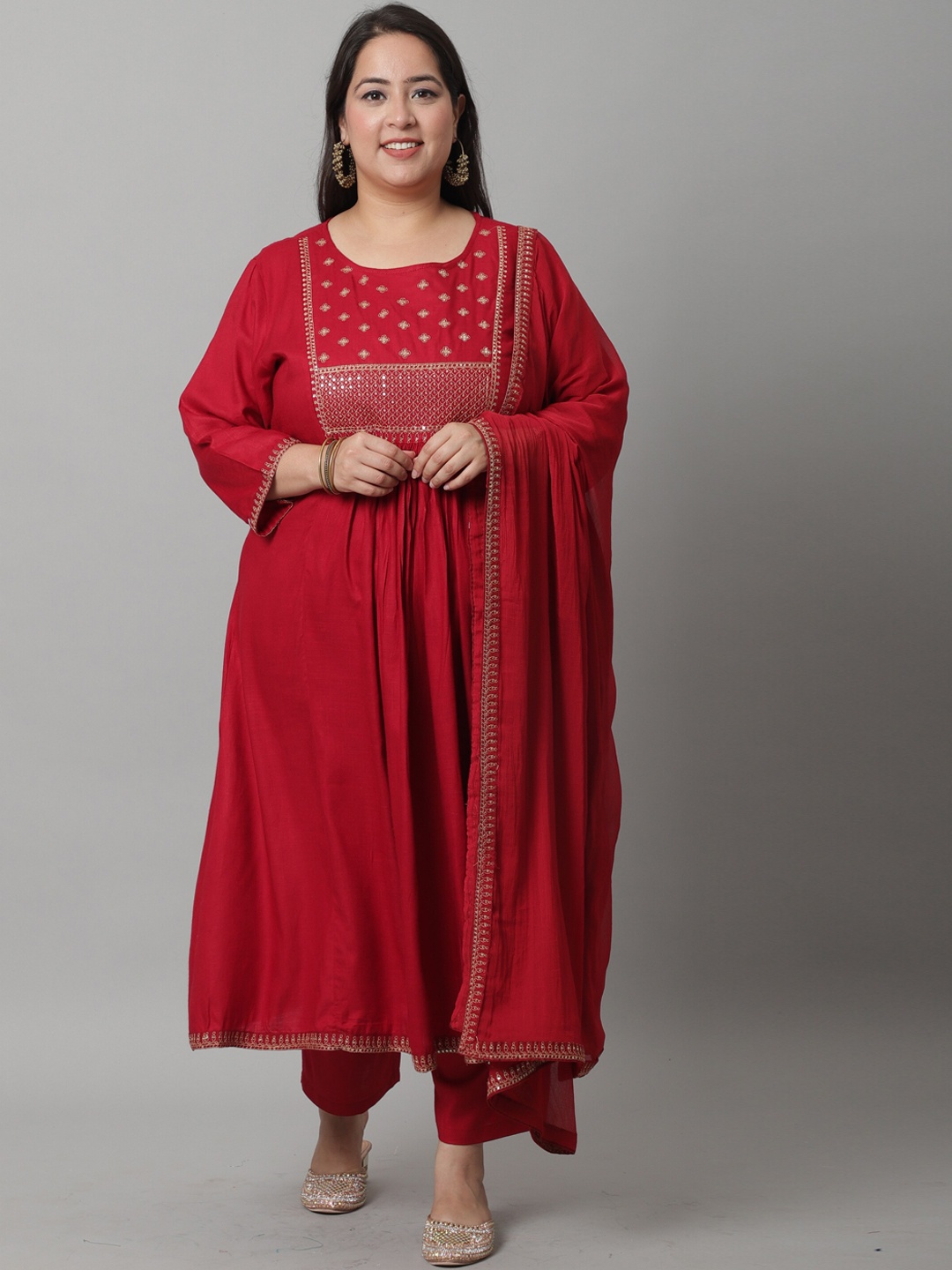 

Rajnandini Women Plus Size Yoke Design Kurta with Trousers & Dupatta, Maroon