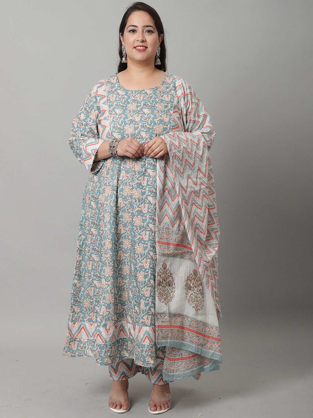 

Rajnandini Women Plus Size Printed Gotta Patti Pure Cotton Kurta With Trousers & Dupatta, Teal