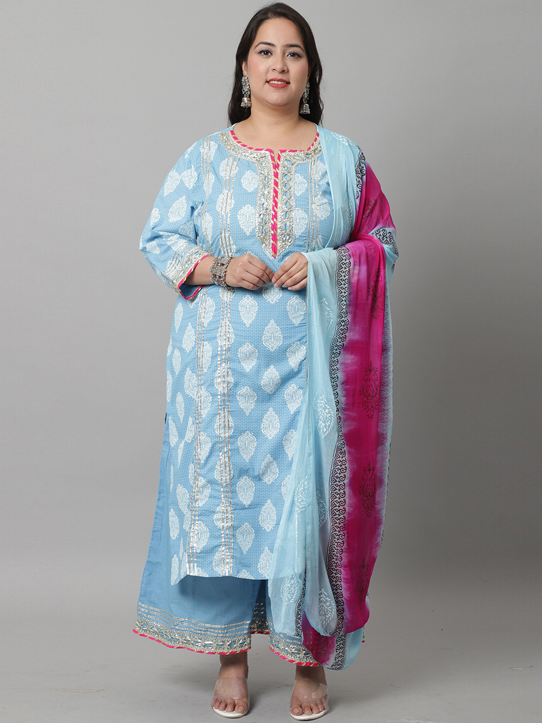

Rajnandini Women Plus Size Printed Pure Cotton Kurta with Sharara & Dupatta, Blue