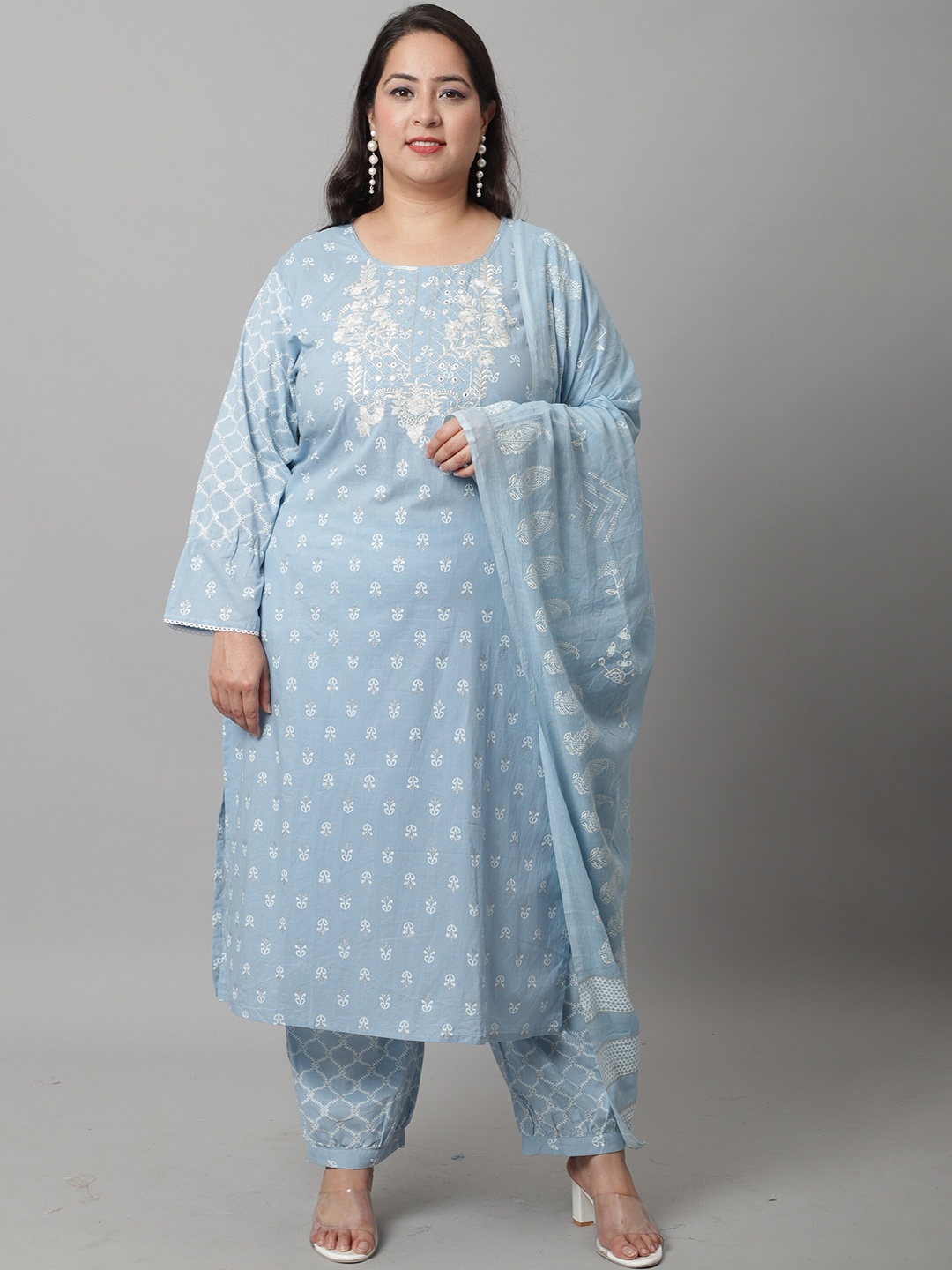 

Rajnandini Women Ethnic Motifs Printed Pure Cotton Kurta With Trousers & Dupatta, Blue