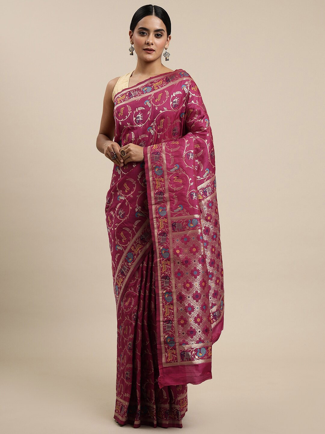

Royal Rajgharana Saree Ethnic Motifs Zari Pure Silk Banarasi Saree, Magenta