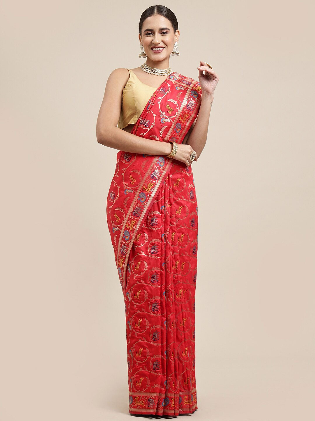 

Royal Rajgharana Saree Ethnic Motifs Zari Pure Silk Banarasi Sarees, Red