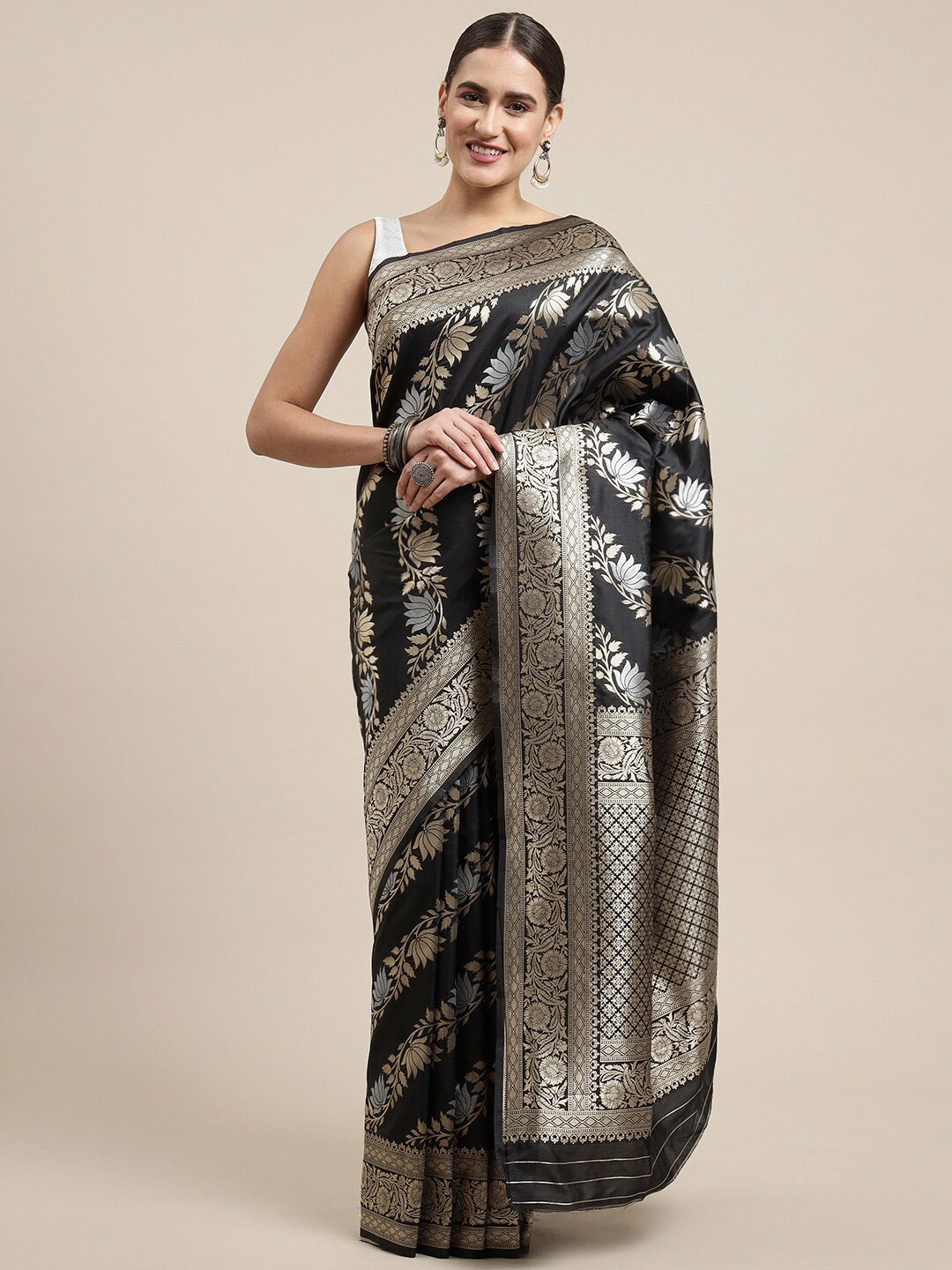 

Royal Rajgharana Saree Ethnic Motifs Zari Pure Silk Banarasi Sarees, Black