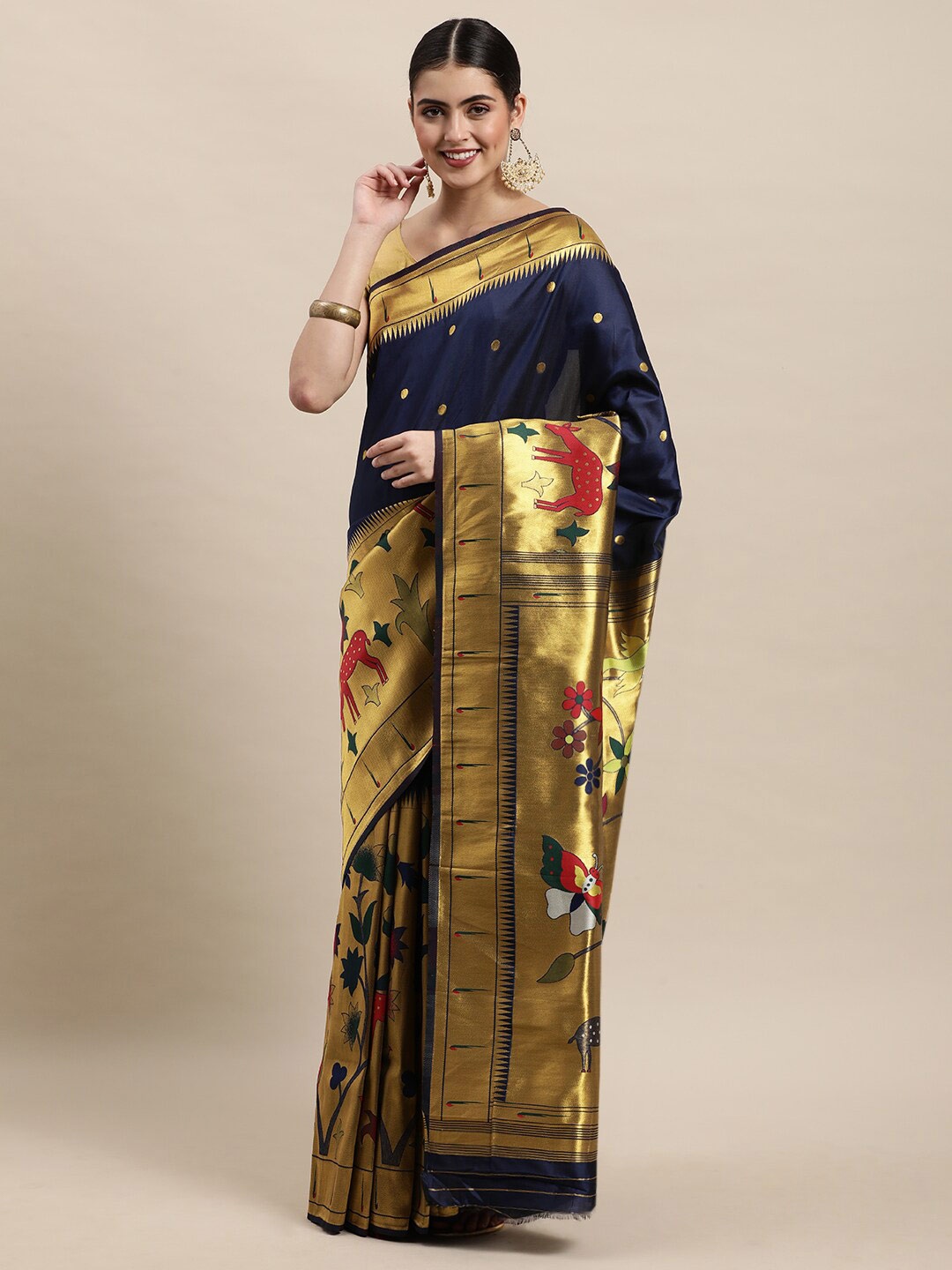 

Royal Rajgharana Saree Polka Dot Woven Design Pure Silk Paithani Sarees, Navy blue