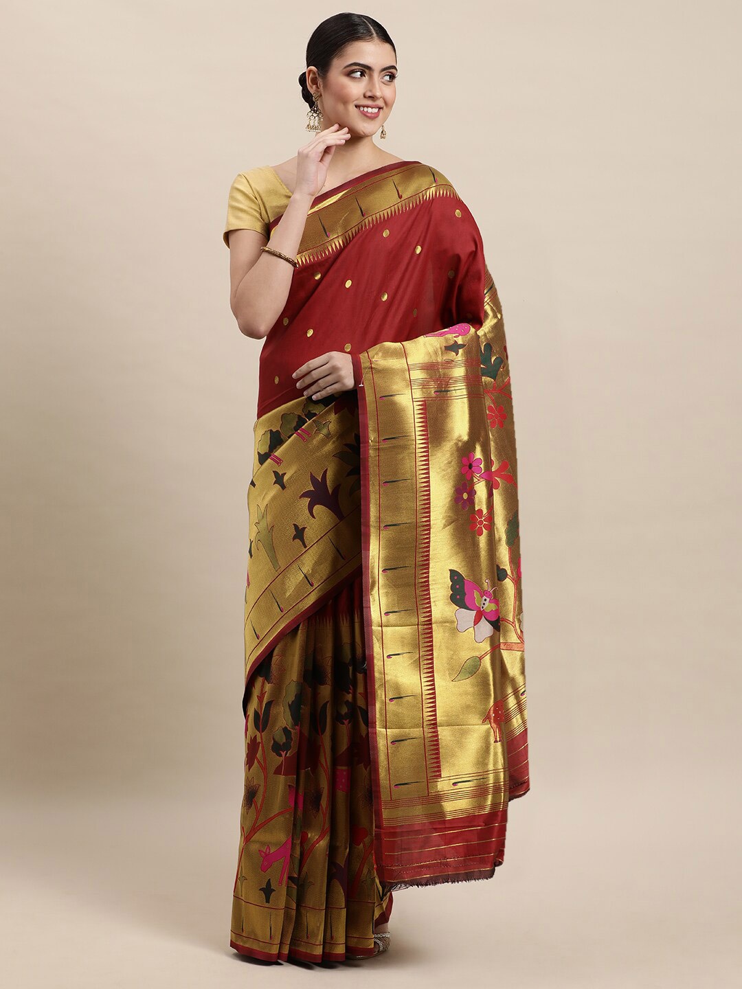 

Royal Rajgharana Saree Woven Design Zari Pure Silk Paithani Sarees, Red