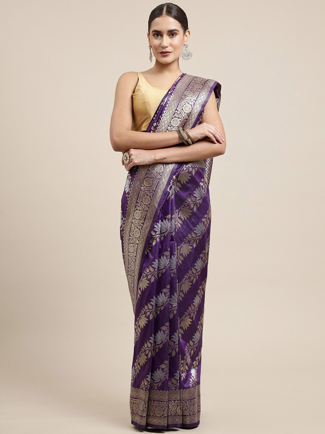 

Royal Rajgharana Saree Floral Woven Design Zari Pure Silk Banarasi Sarees, Purple