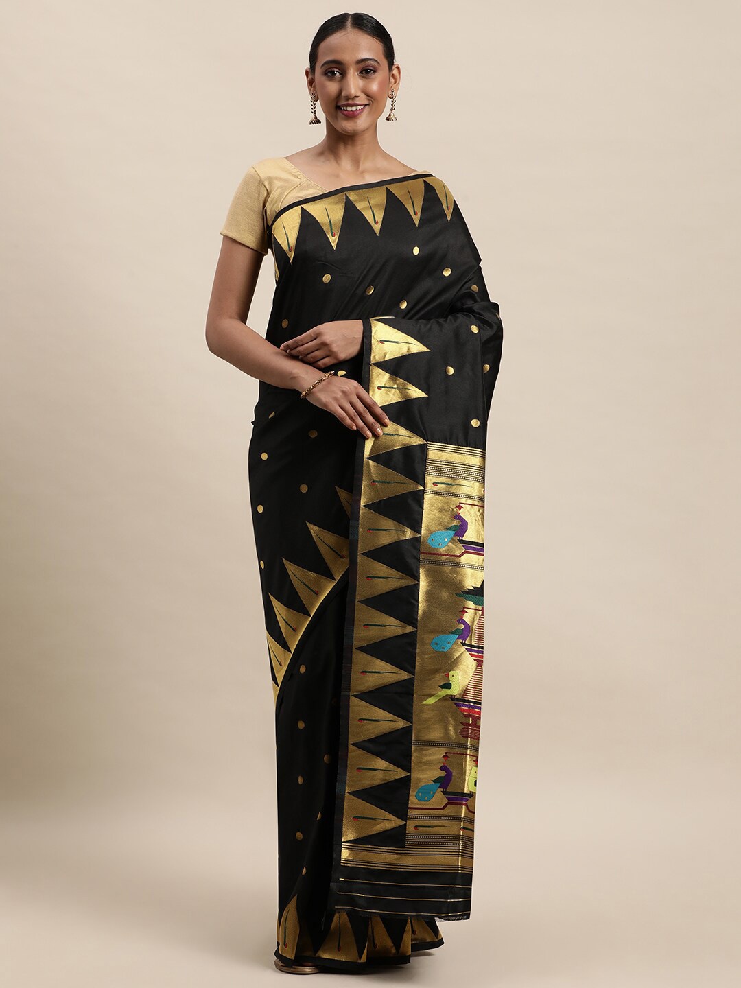 

Royal Rajgharana Saree Geometric Woven Design Zari Pure Silk Banarasi Sarees, Black