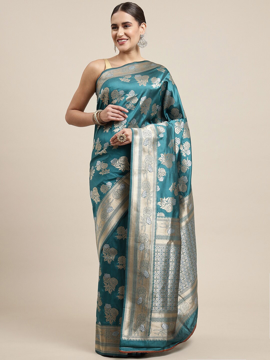 

Royal Rajgharana Saree Ethnic Motifs Zari Pure Silk Banarasi Sarees, Teal