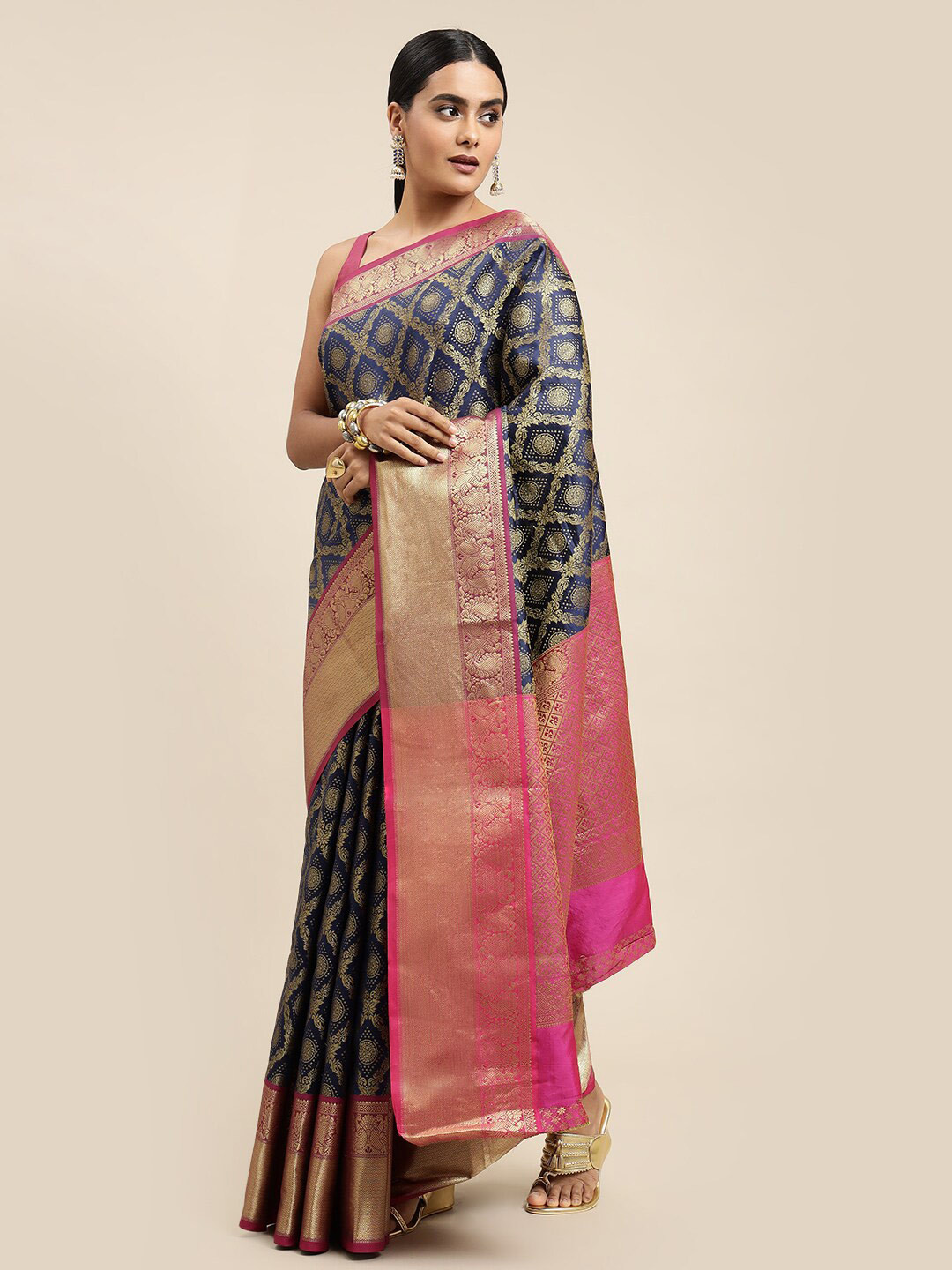 

Royal Rajgharana Saree Ethnic Motif Woven Design Zari Pure Silk Banarasi Sarees, Navy blue