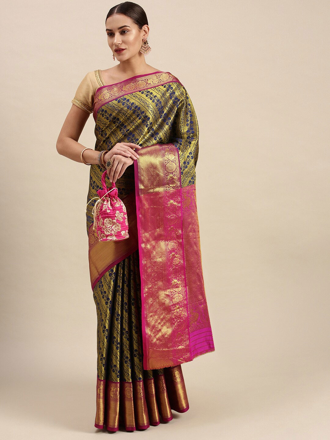 

Royal Rajgharana Saree Woven Design Zari Pure Silk Banarasi Saree, Navy blue