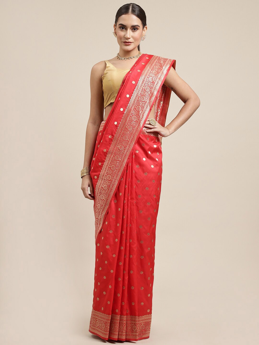 

Royal Rajgharana Saree Polka Dots Woven Design Zari Pure Silk Banarasi Saree, Red