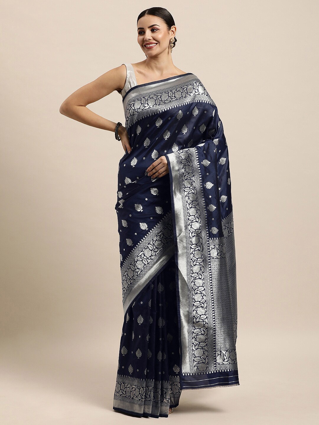

Royal Rajgharana Saree Woven Design Zari Pure Silk Banarasi Sarees, Navy blue