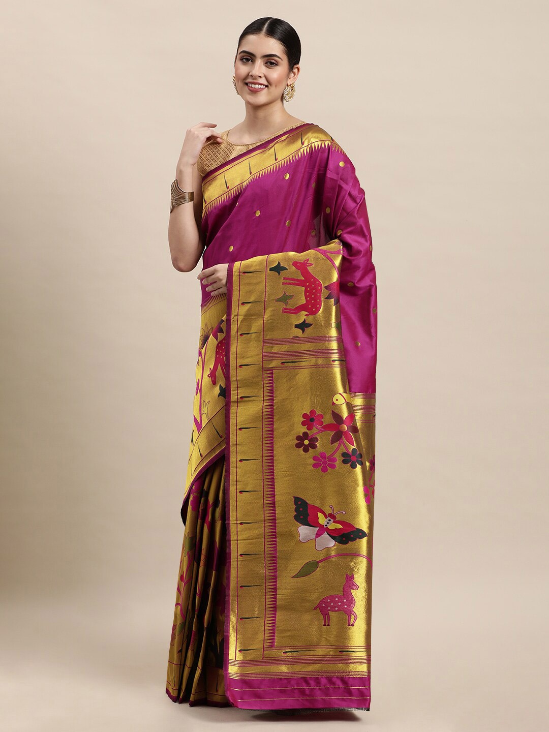 

Royal Rajgharana Saree Geometric Woven Design Zari Pure Silk Paithani Sarees, Magenta