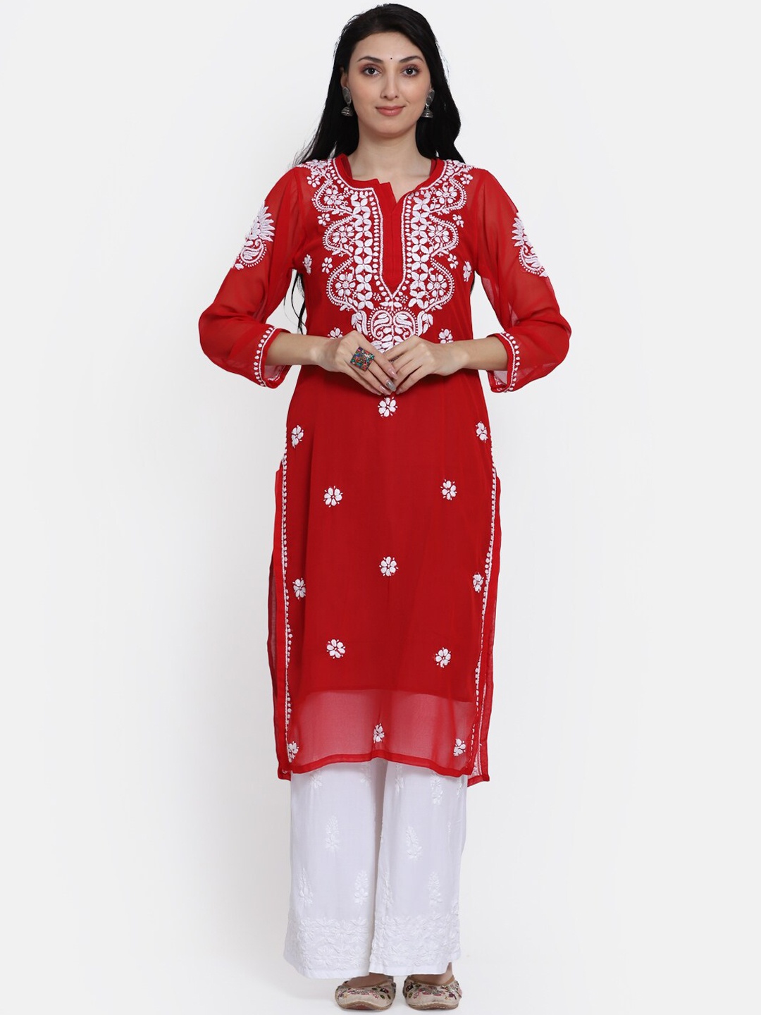 

PARAMOUNT CHIKAN Women Ethnic Motifs Chikankari Embroidered Kurta with Palazzos, Red