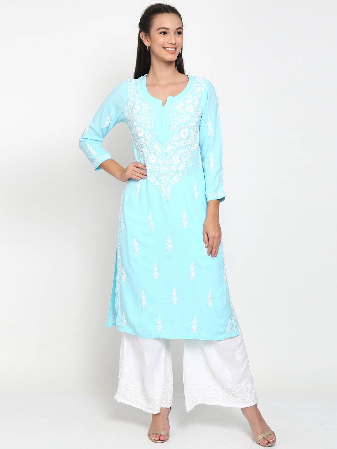 

PARAMOUNT CHIKAN Floral Embroidered Chikankari Kurta with Palazzos Set, Turquoise blue