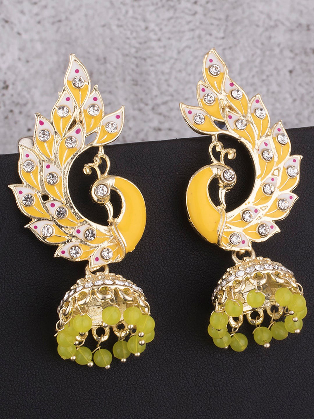

Alamod Gold-Plated Peacock Shaped American Diamond Studded Jhumkas, Yellow