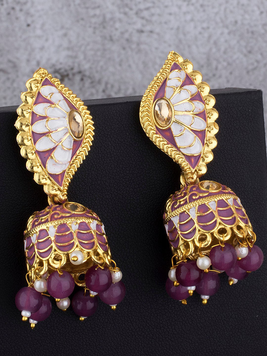 

Alamod Leaf Shaped Gold Plated Jhumkas Earrings, Purple