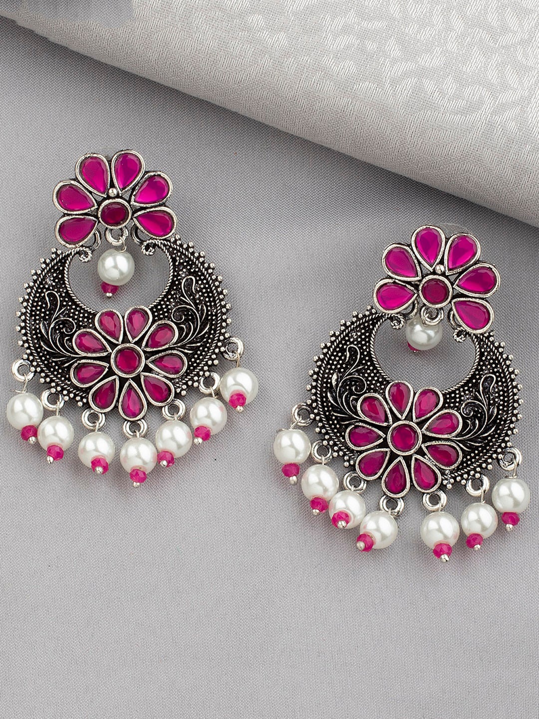 

Alamod Silver Plated Pearl Beaded Floral Chandbalis Earrings, Pink