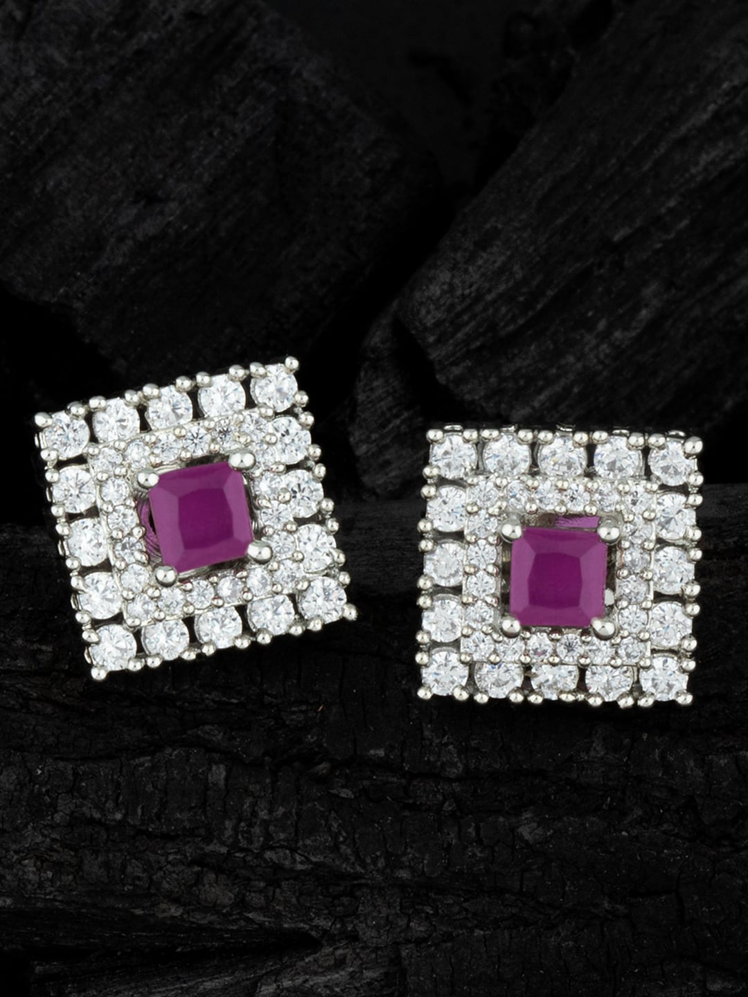 

Alamod Silver-Plated Cubic Zirconia Square Studs Earrings, Purple