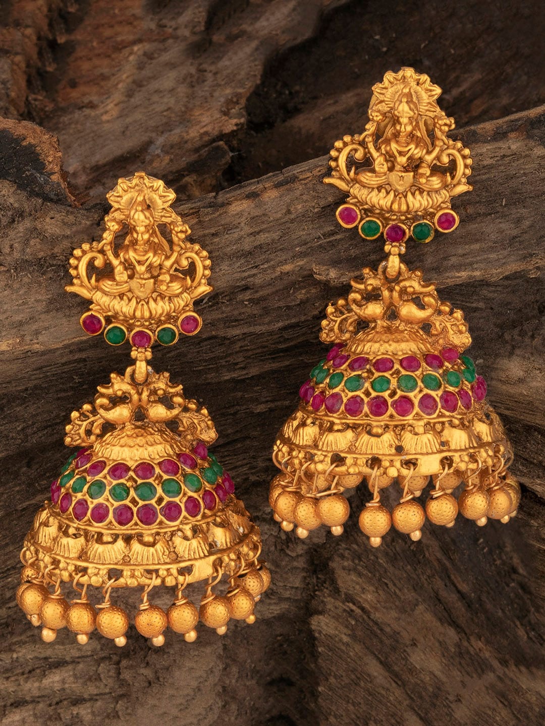 

Alamod Gold-Plated Stone Studded Classic Temple Jhumkas Earrings, Pink