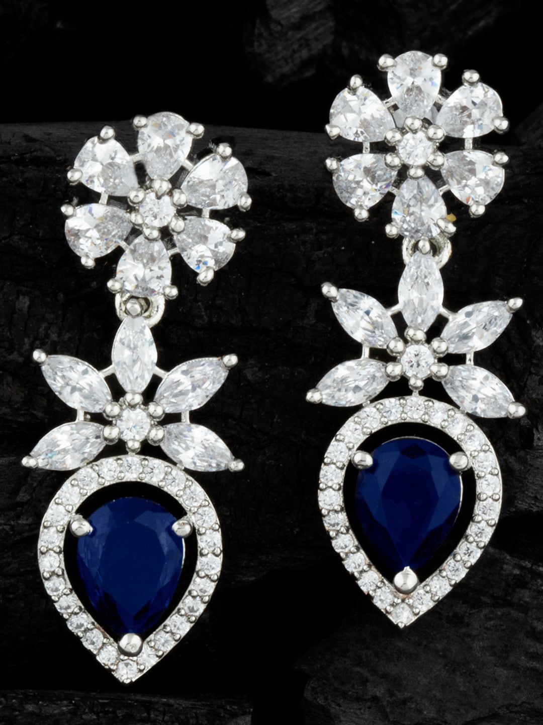 

Alamod Silver-Plated Cubic Zirconia Floral Shaped Drop Earrings, Navy blue
