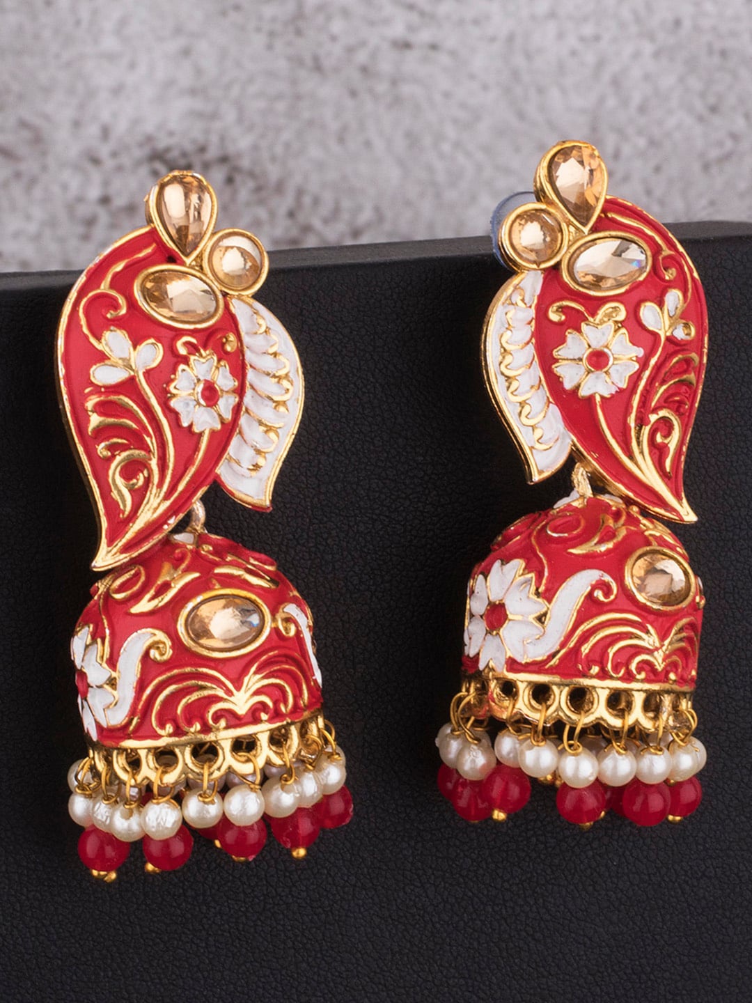 

Alamod Gold-Plated Stone Studded & Beaded Leaf Shaped Jhumkas Earrings, Red
