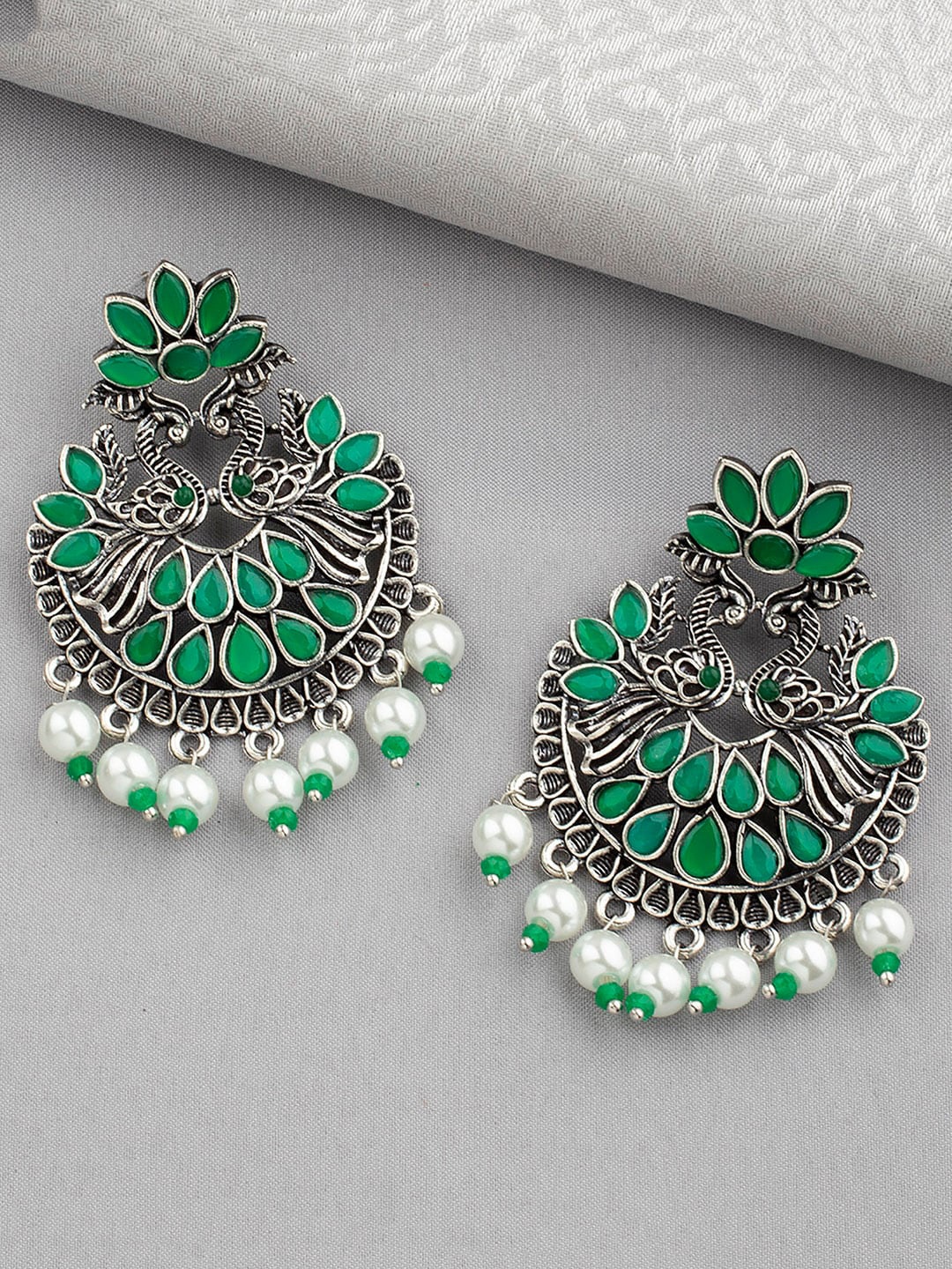 

Alamod Silver-Plated Stone Studded Peacock Shaped Chandbalis, Green