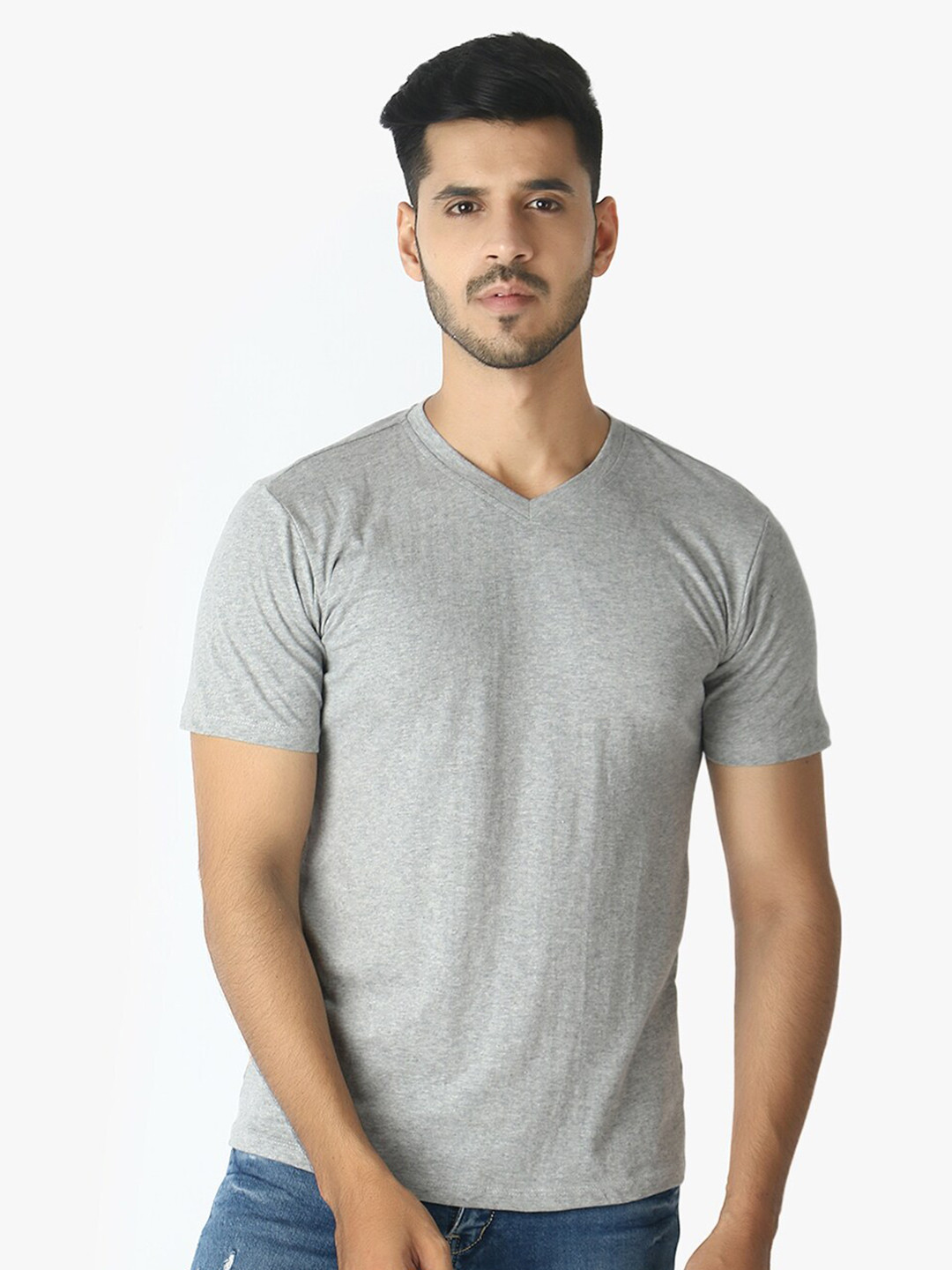 

LE BOURGEOIS Men V-Neck Pure Cotton T-shirt, Grey melange