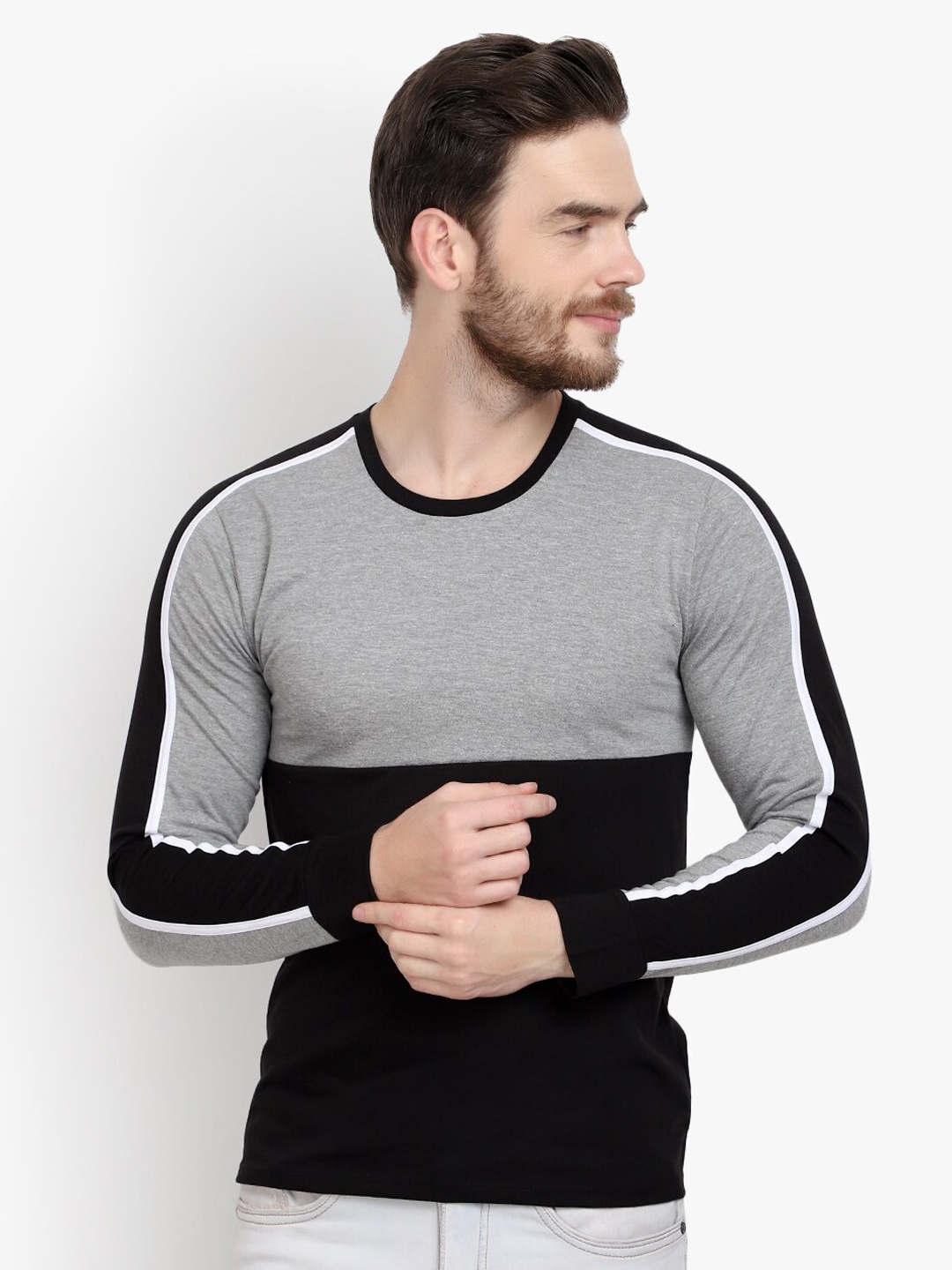 

LE BOURGEOIS Men Colourblocked Long Sleeve T-shirt, Grey