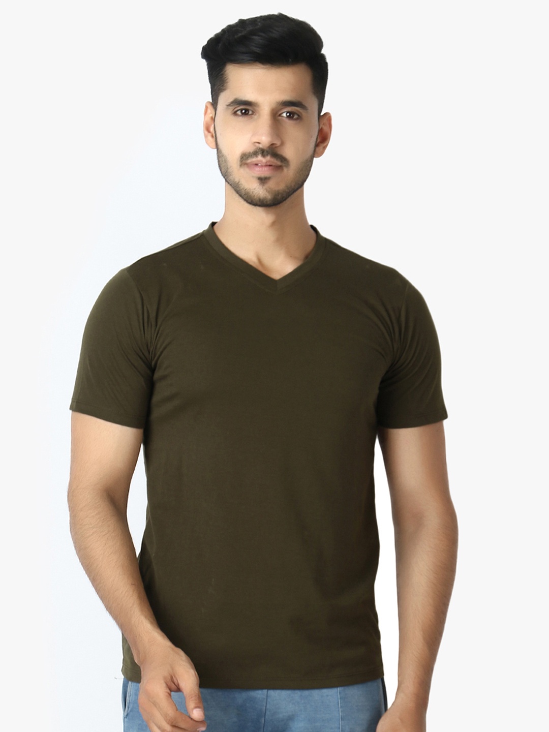 

LE BOURGEOIS Men V-Neck Cotton T-shirt, Olive