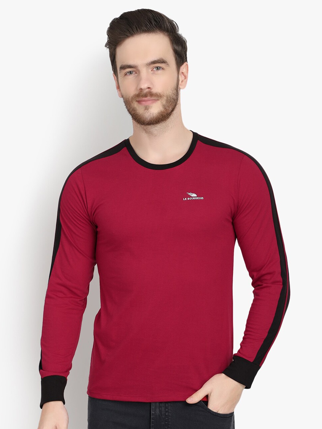 

LE BOURGEOIS Men Round Neck Long Sleeves T-shirt, Maroon