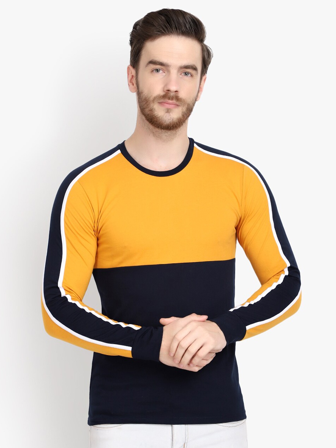 

LE BOURGEOIS Round Neck Colourblocked T-shirt, Mustard