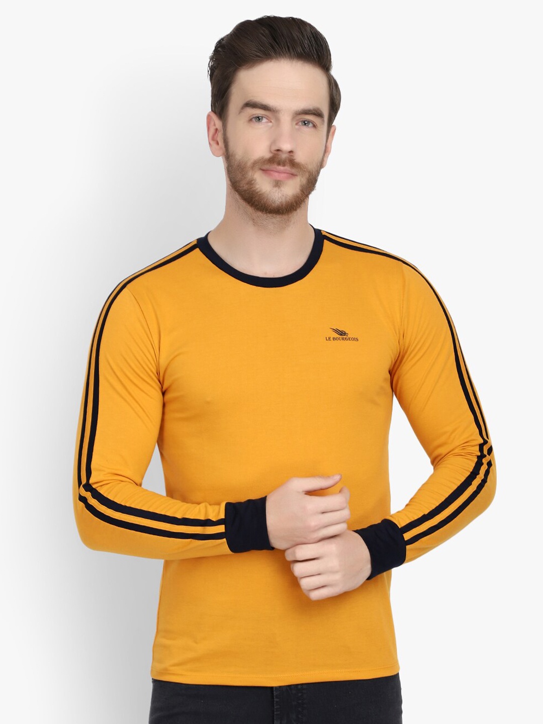 

LE BOURGEOIS Men Round Neck Full Sleeve T-shirt, Mustard