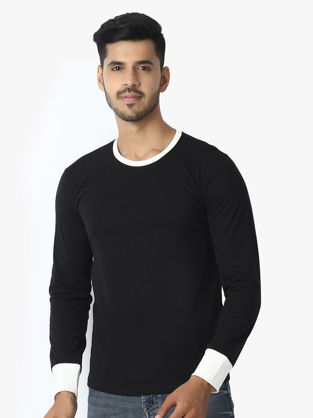 

LE BOURGEOIS Men Round Neck Pure Cotton T-shirt, Black