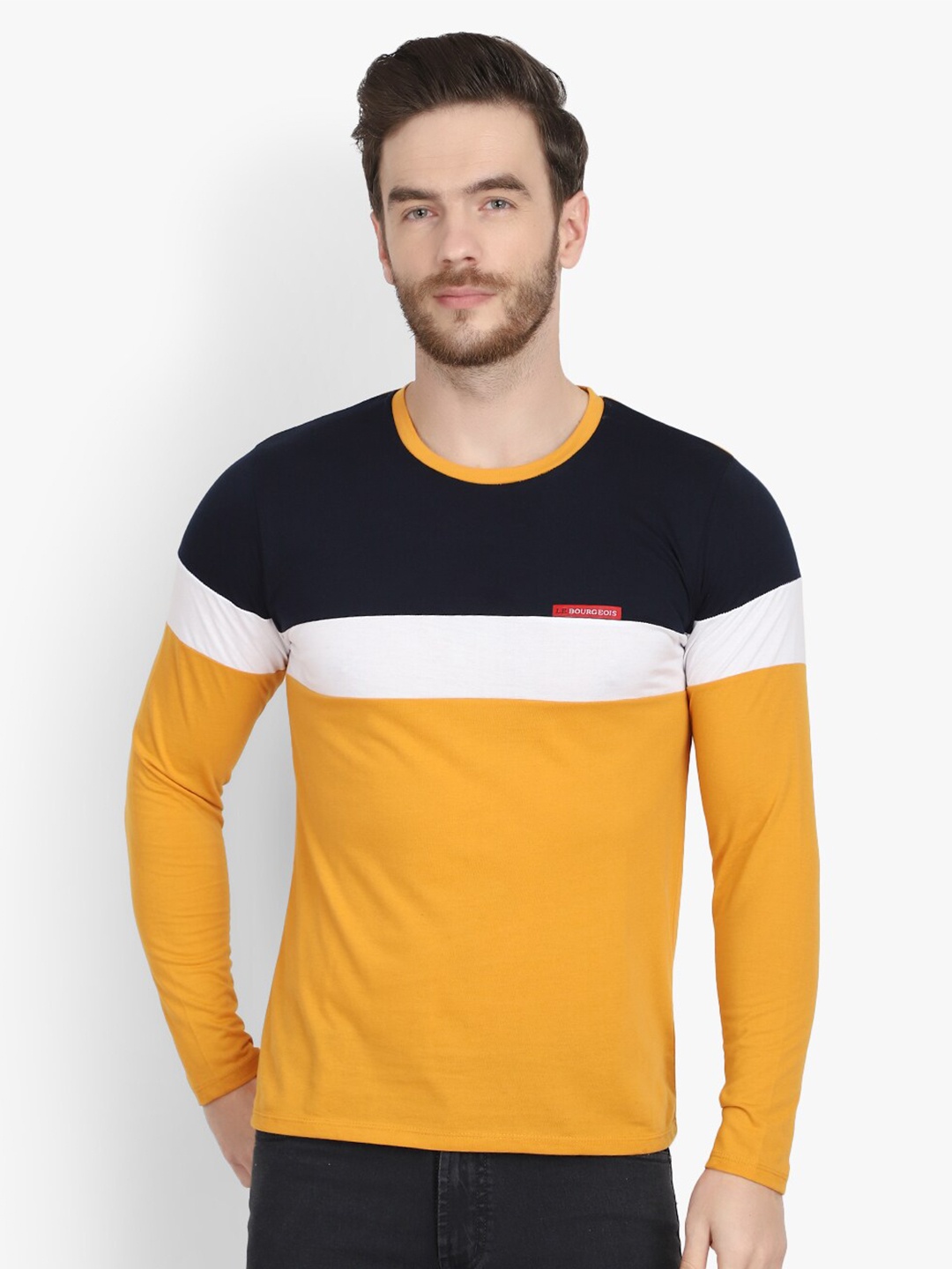 

LE BOURGEOIS Men Colourblocked Slim Fit T-shirt, Mustard