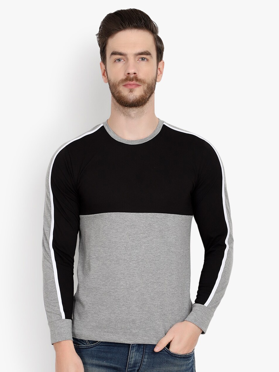 

LE BOURGEOIS Men Colourblocked Long Sleeve T-shirt, Grey