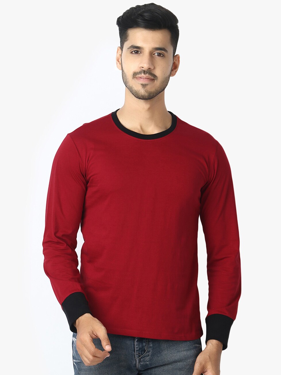

LE BOURGEOIS Men Long Sleeve Pure Cotton T-shirt, Maroon