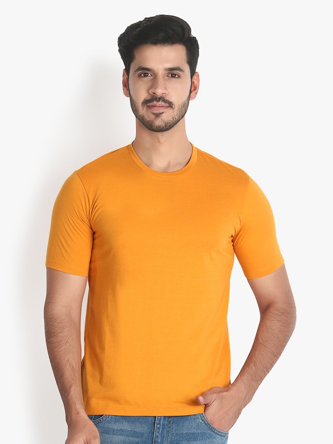 

LE BOURGEOIS Men Round Neck Cotton T-shirt, Mustard