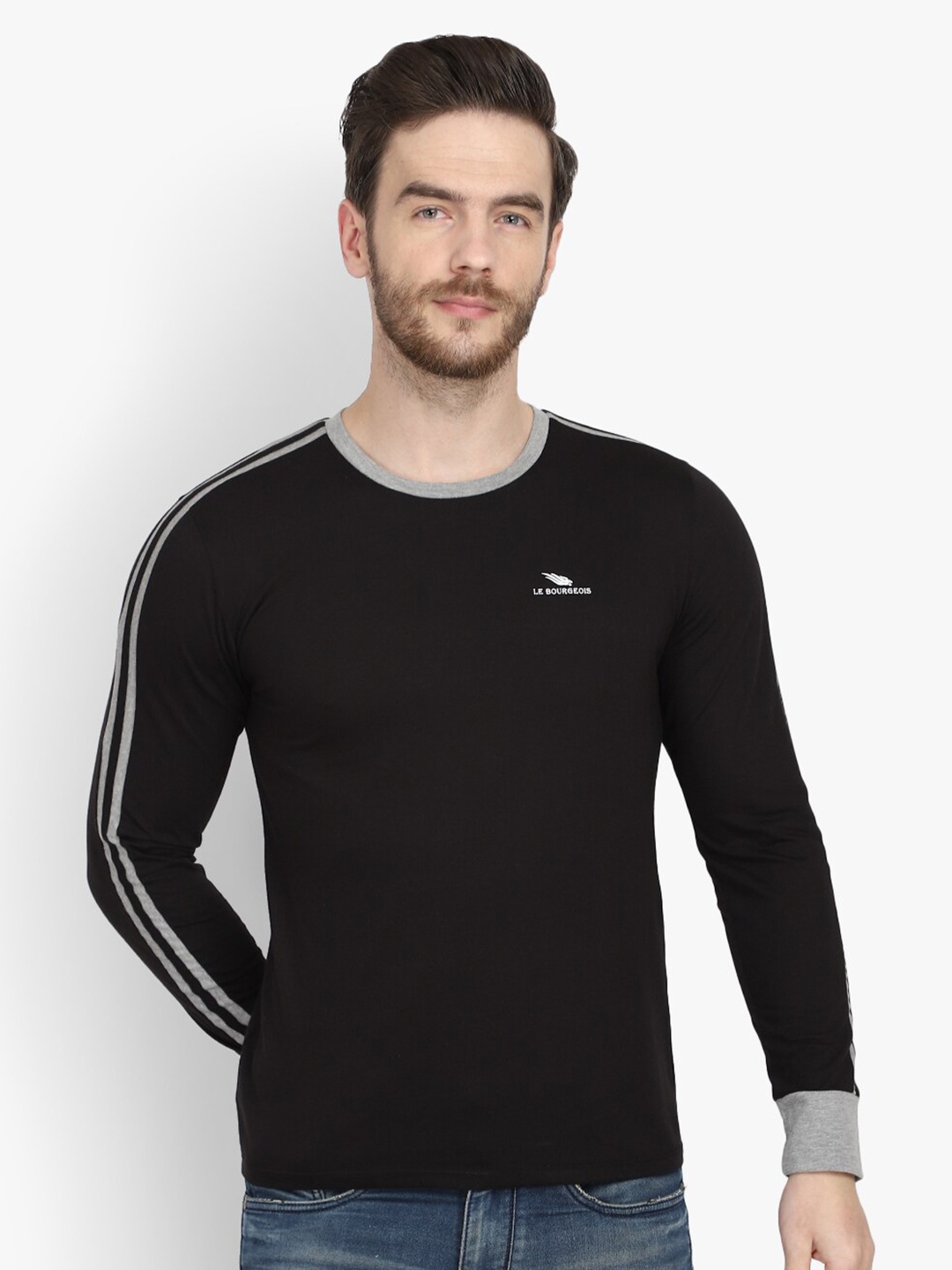 

LE BOURGEOIS Long Sleeves Round Neck T-shirt, Black