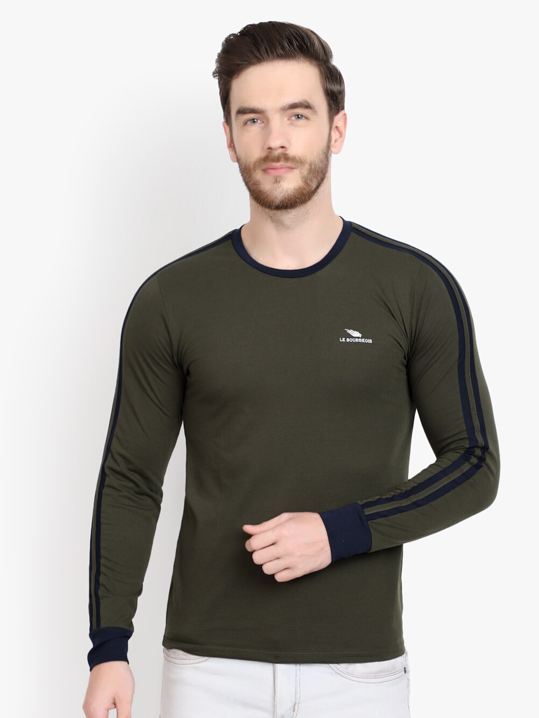 

LE BOURGEOIS Men Round Neck Full Sleeve T-shirt, Olive